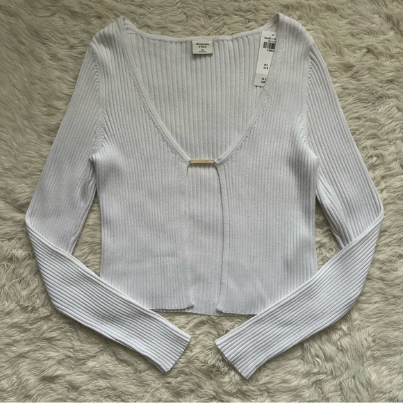Abercrombie & Fitch Top Slim Bar Closure Open Cardigan Ribbed White XS NWT New - Picture 2 of 11